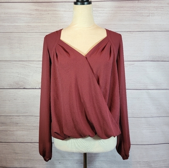 𝅺BLUSH Sheer Faux Wrap Blouse Burgundy Size Small - Picture 1 of 6